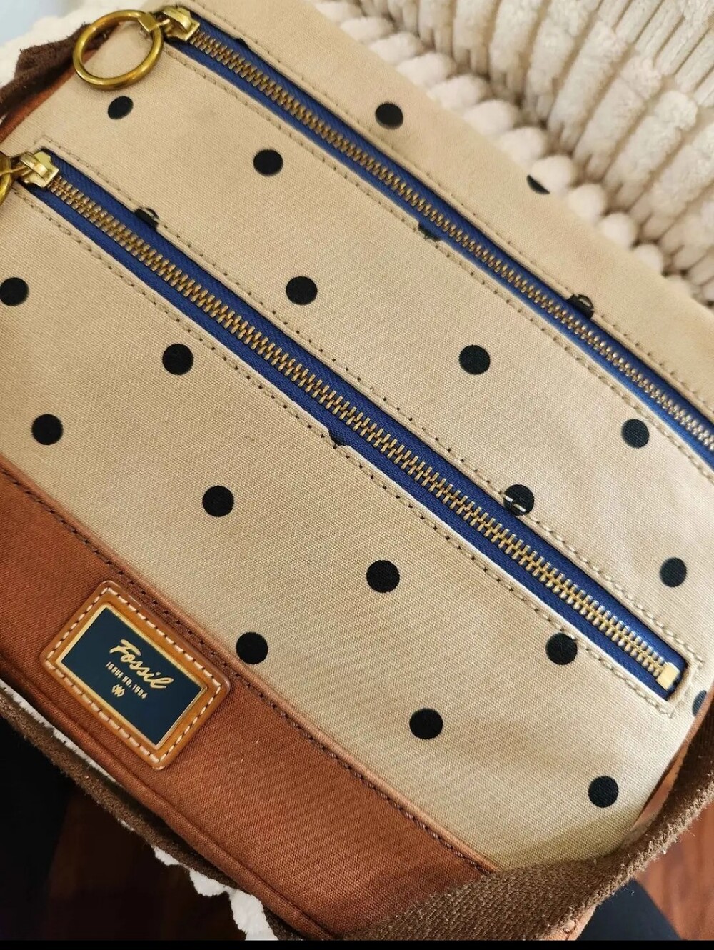 Fossil Woman's Beige Polka Dot Canvas Crossbody with Brown Trim and Blue Zips